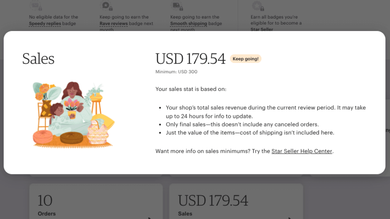 Example view of sale overview, showing the total amount earned in sales as $179.54 while the minimum goal for Star Sellers is $300.