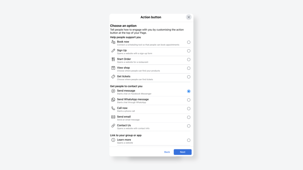 Facebook Business Account - Action button