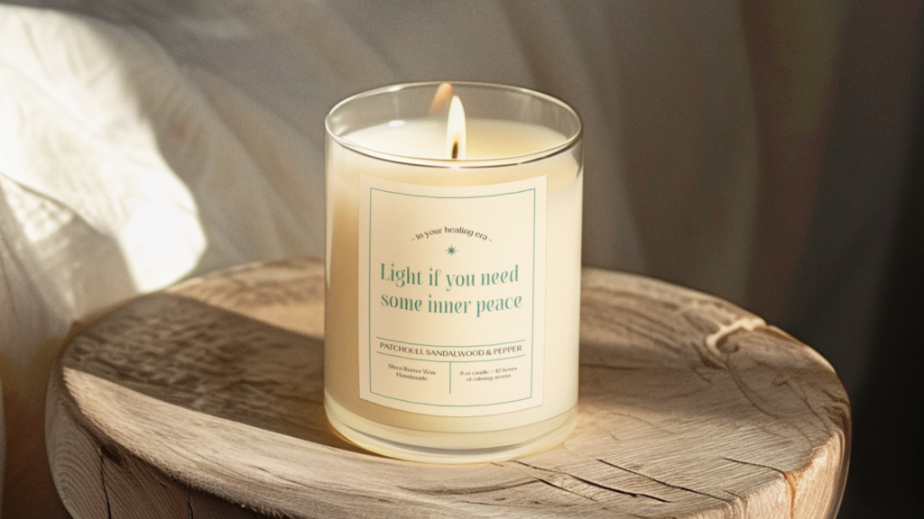 A custom “Light if you need some inner peace” candle standing on top of a wooden stool.