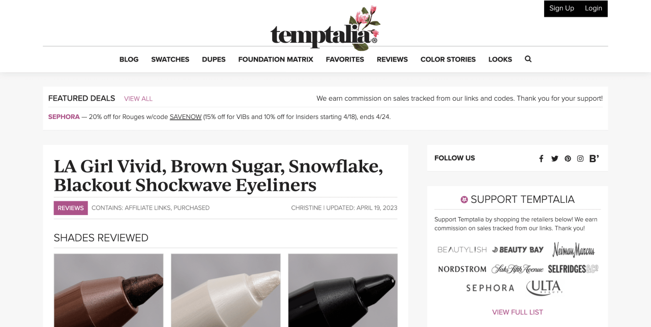 A screenshot of the Temptalia homepage header.