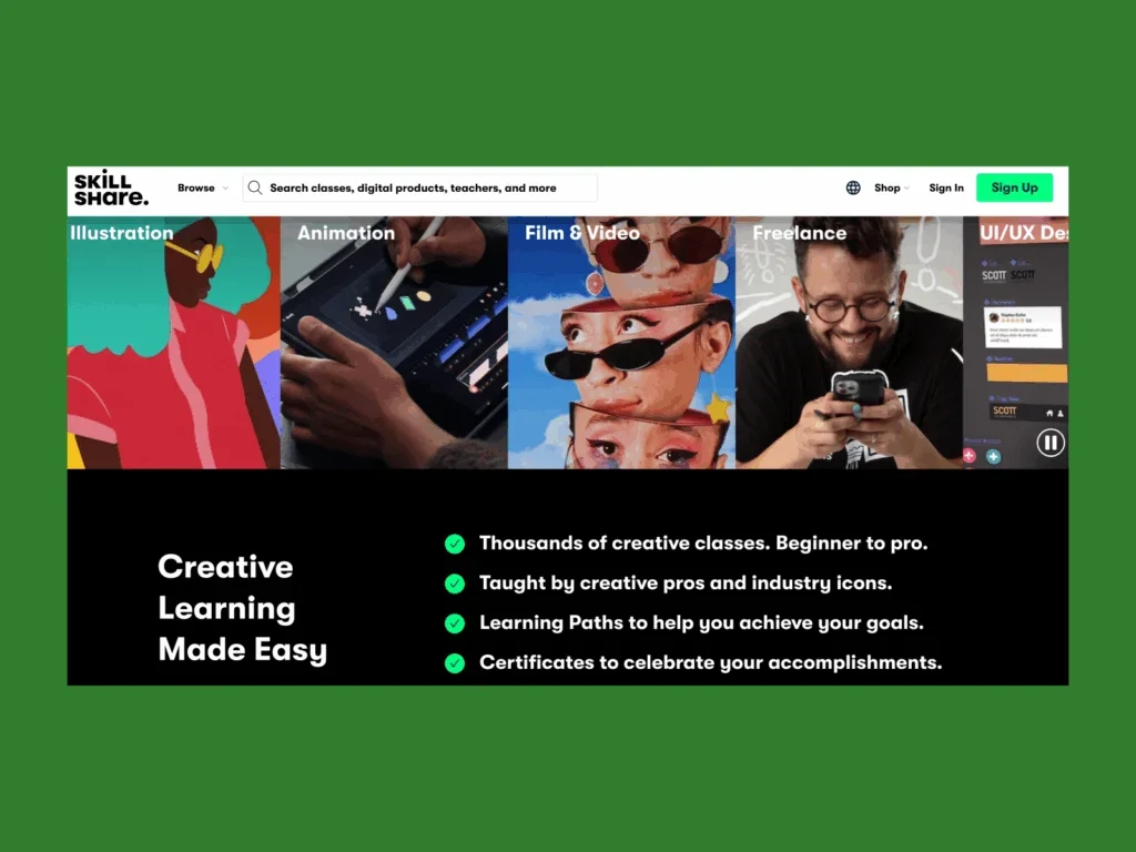 A screenshot of the Skillshare landing page.