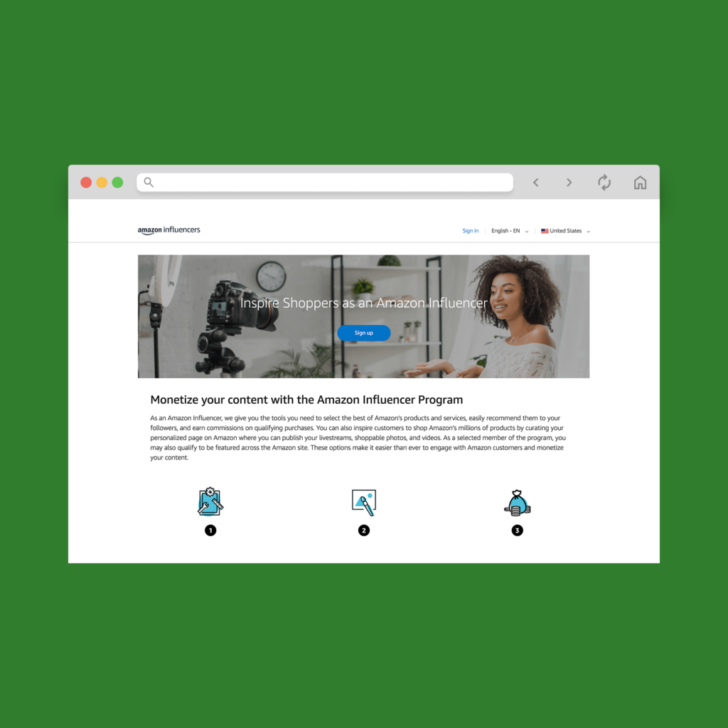 Amazon Influencer Program homepage hero section screenshot mockup