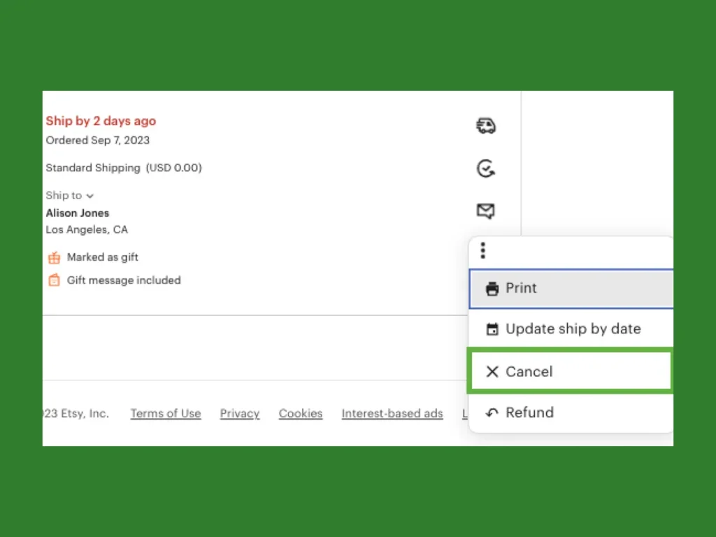 A screenshot mockup showing how to cancel an Etsy order as a seller.