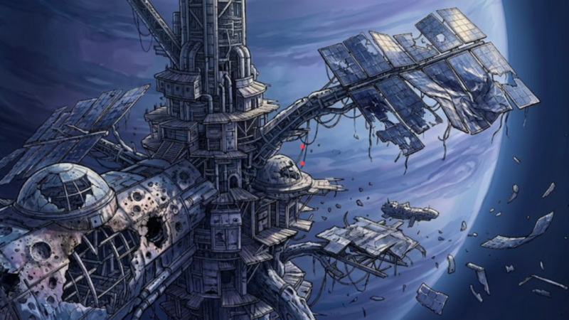 An AI-generated image of an illustrated destroyed space station orbiting around a planet.