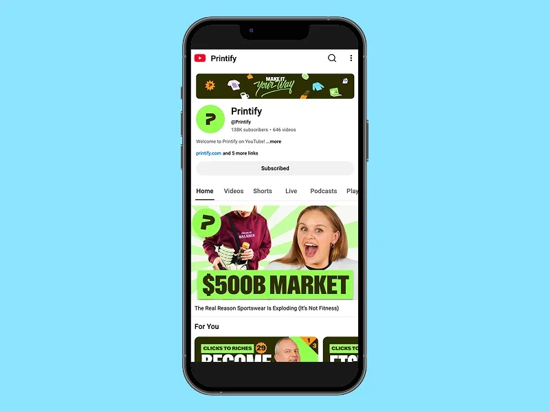 Printify’s YouTube channel, mobile phone screenshot mockup.