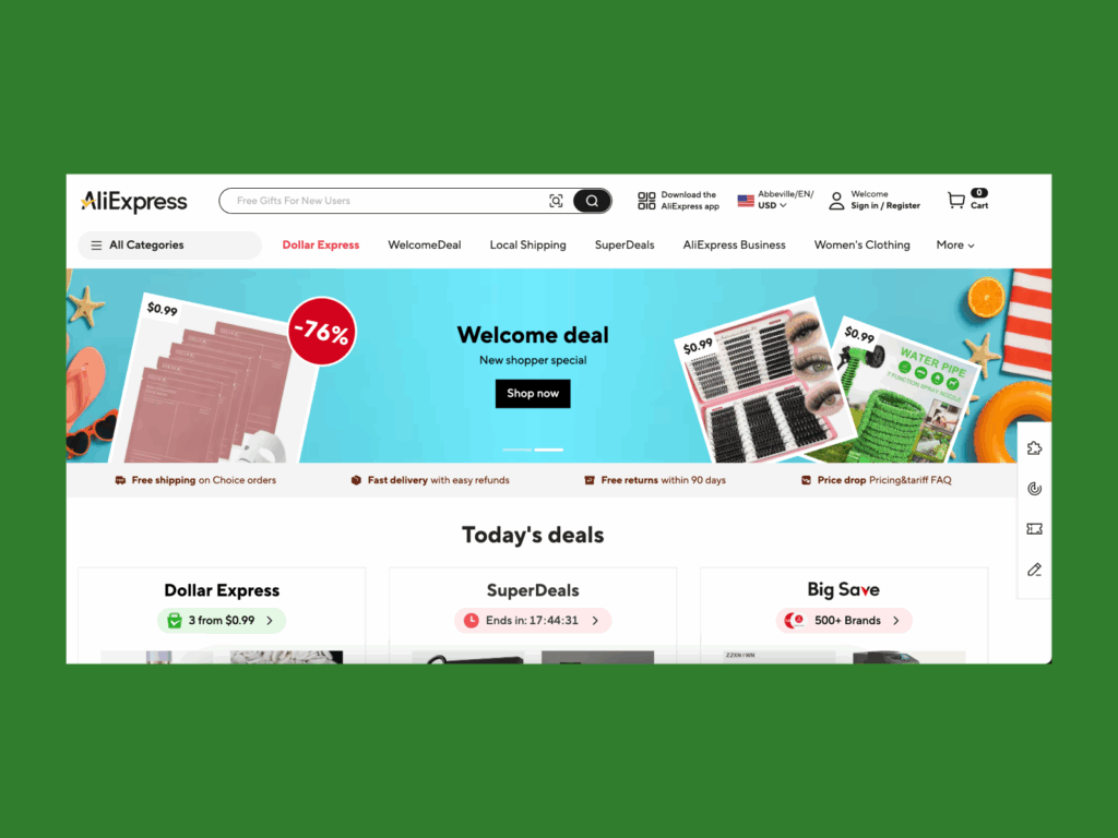 A screenshot of the Aliexpress landing page.