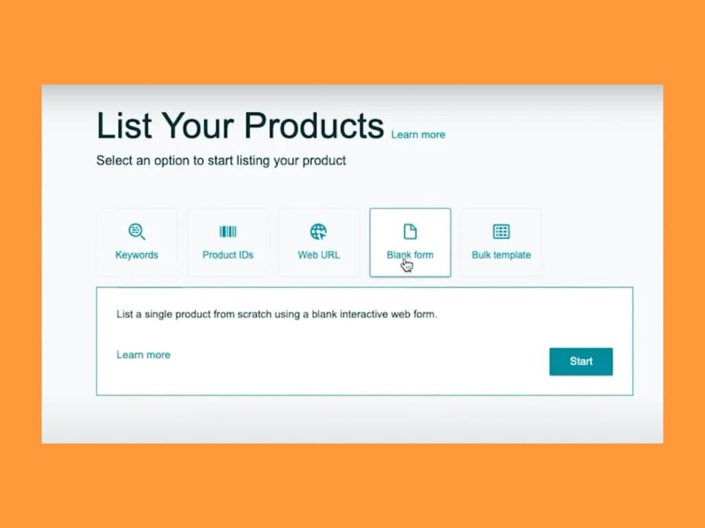 "Blank form" button under the "List your products" section.