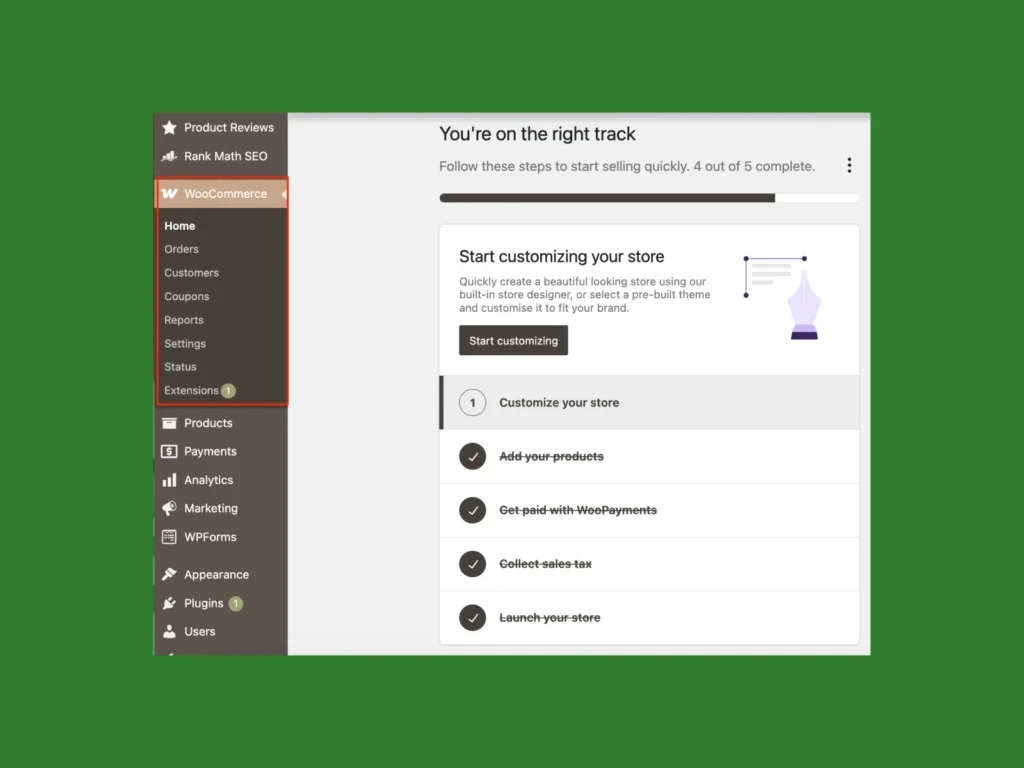 A screenshot showing the WooCommerce checklist.