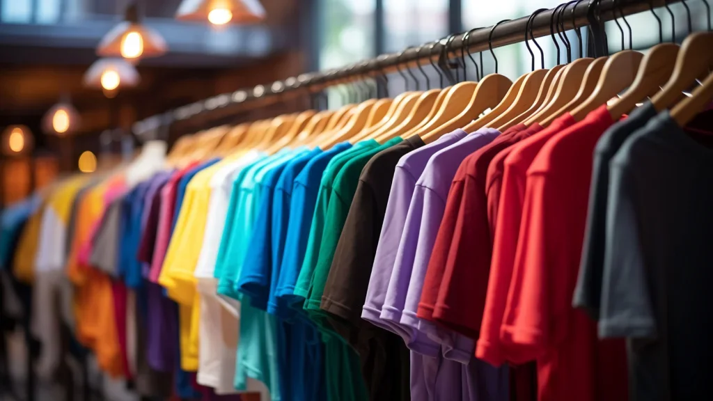 Lots of colorful t-shirts on hangers.