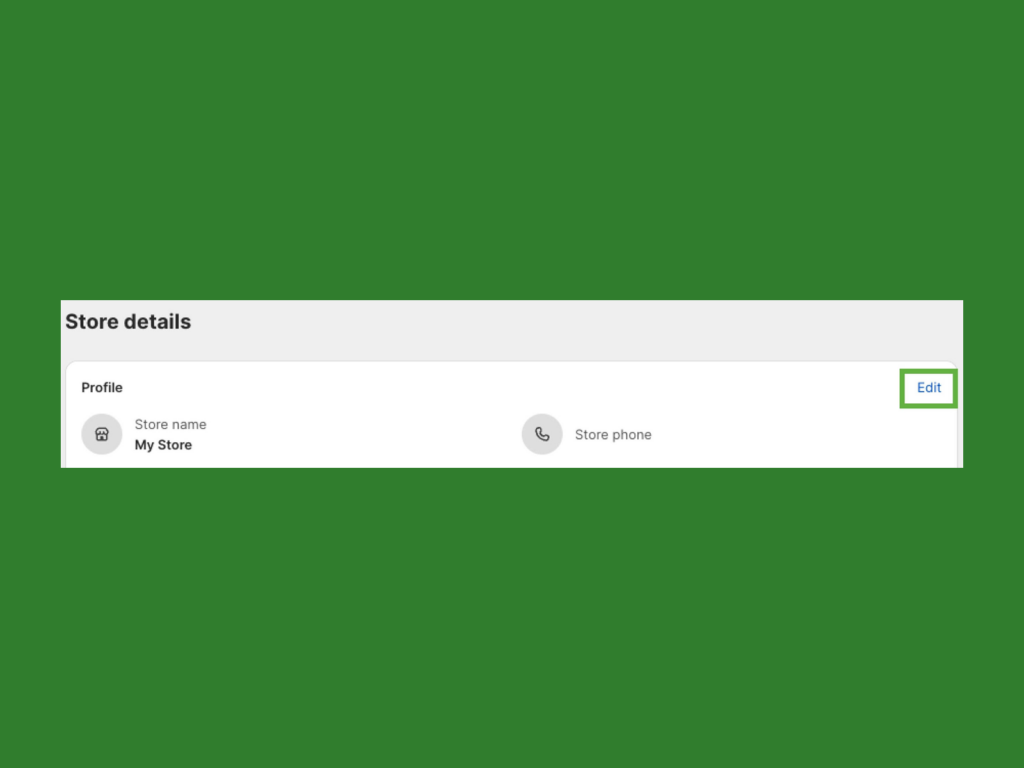 A screenshot mockup showing how to edit a store name in the Shopify admin panel.
