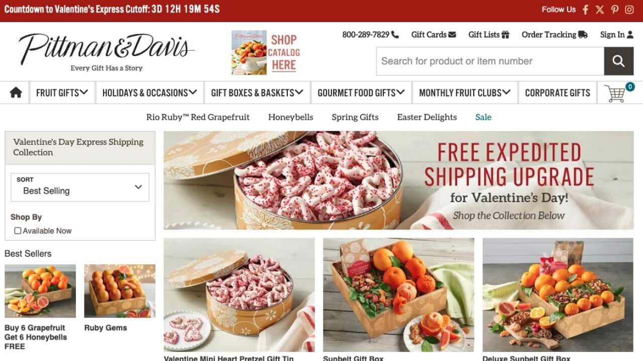 Pittman & Davis homepage promoting a free expedited shipping upgrade for Valentine's Day.