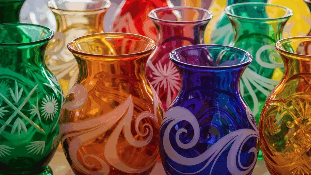 Colored glassware with engravings.