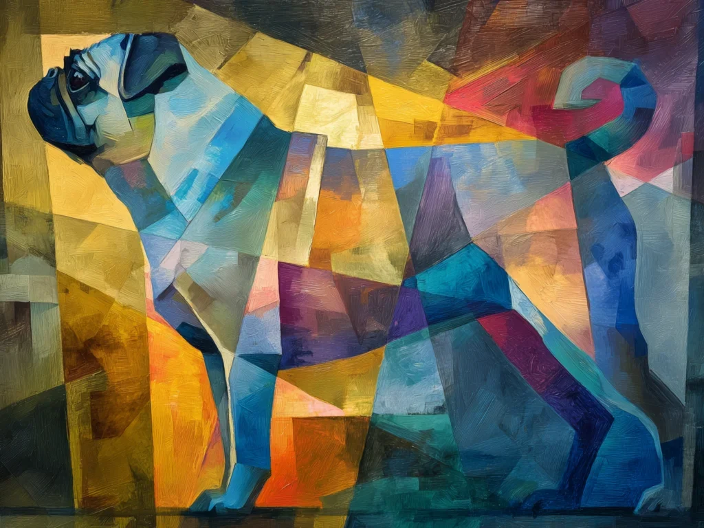 A vibrant painting of a pug dog surrounded by colorful geometric shapes.