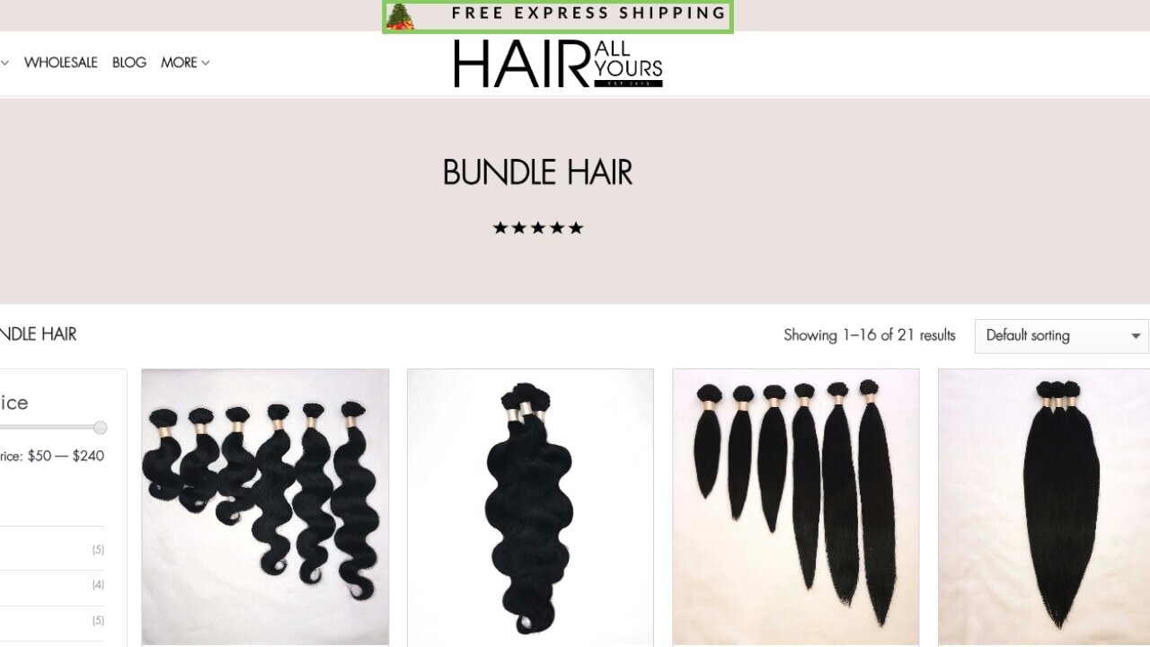 Hair All Yours website with a banner promoting Free Express Shipping at the top of the page.