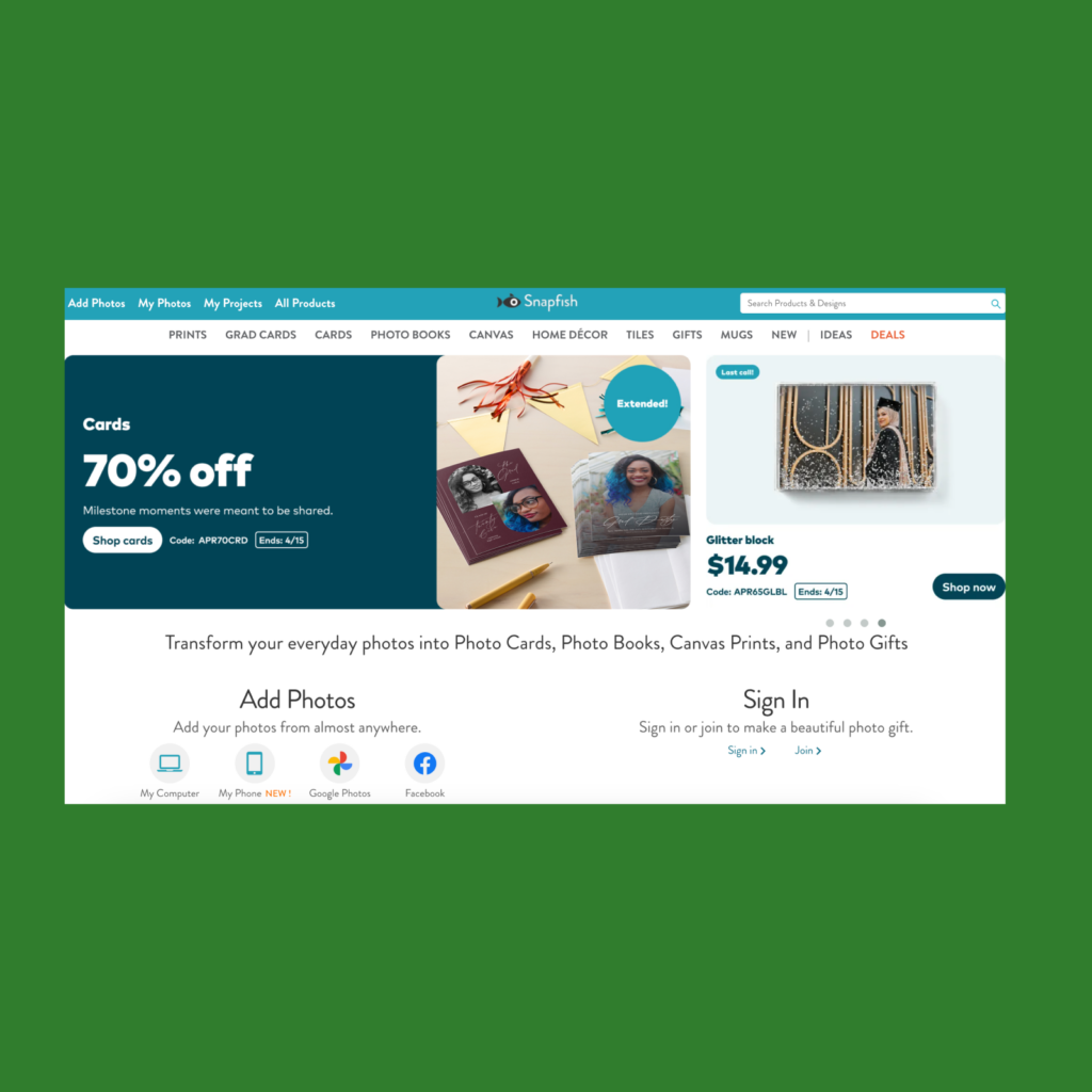 The screenshot of the Snapfish landing page.