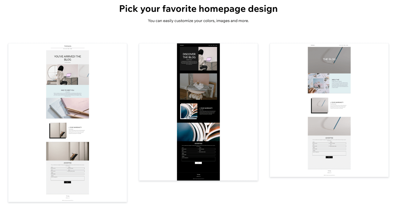 A screenshot of Wix homepage designs where they ask you to pick your favorite.