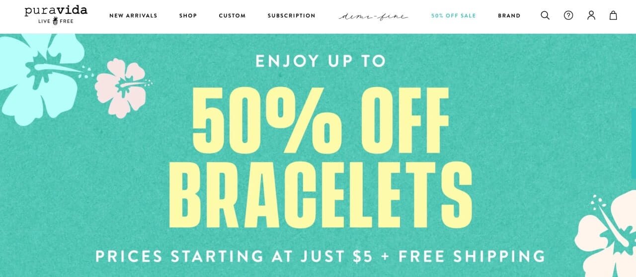 The homepage of the Pura Vida Bracelets Shopify store