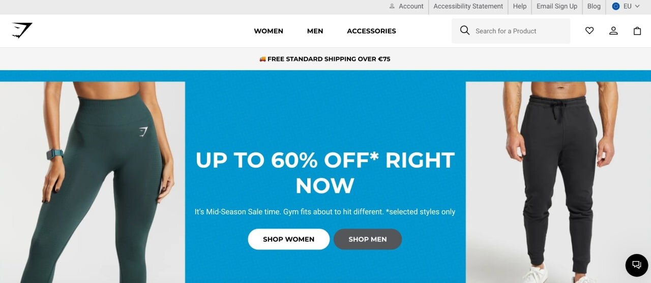 The homepage of the Gymshark Shopify store