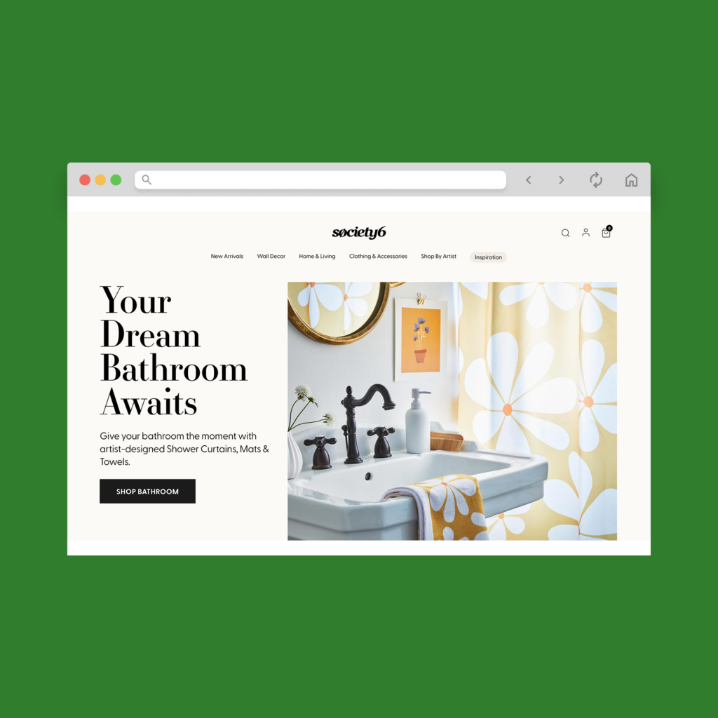 Society6 homepage hero section screenshot mockup.