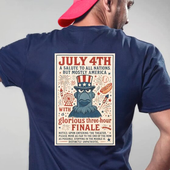 A girl posing in a white 4th of July shirt that says 