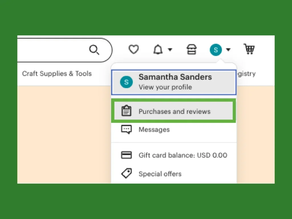 A screenshot mockup highlighting Etsy’s “Purchases and reviews” tab in the menu.
