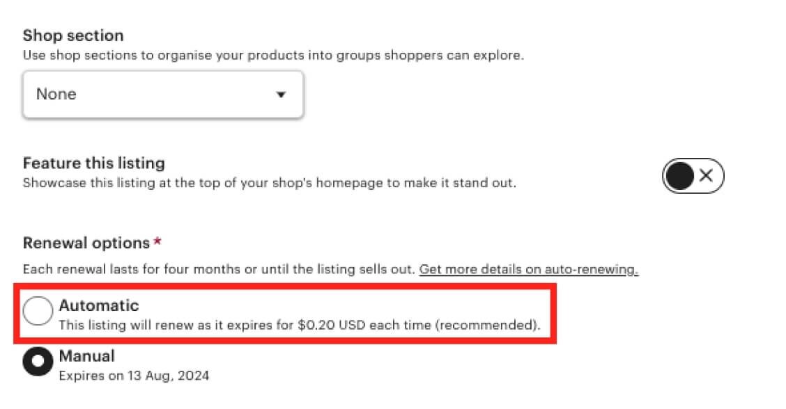 Automatic listing renewal option highlighted on Etsy.