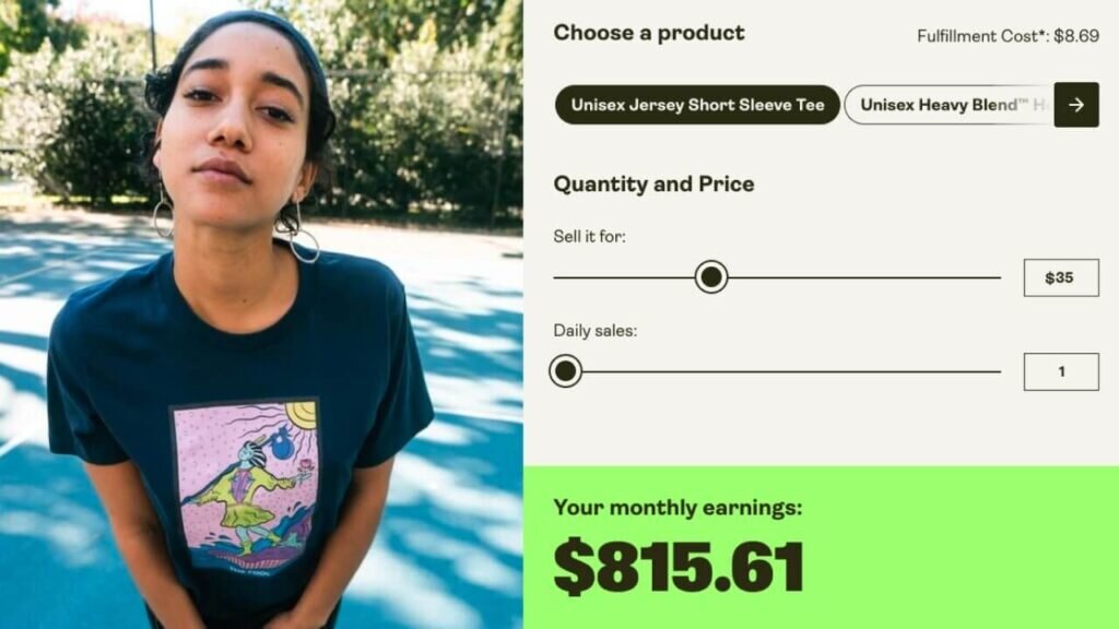 A profit calculator showing how to make passive income on Amazon by selling merch with Printify.