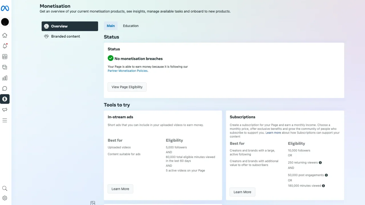 Monetization page of Meta Business Suite showing the account overview, status, and monetization tool recommendations and eligibility.
