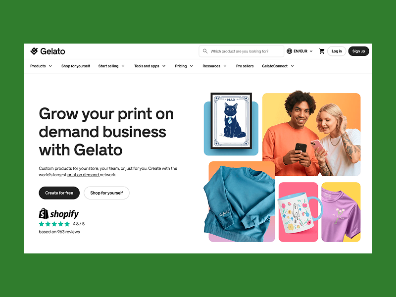 Gelato homepage featuring custom sweatshirts, mugs, tees, and wall art.