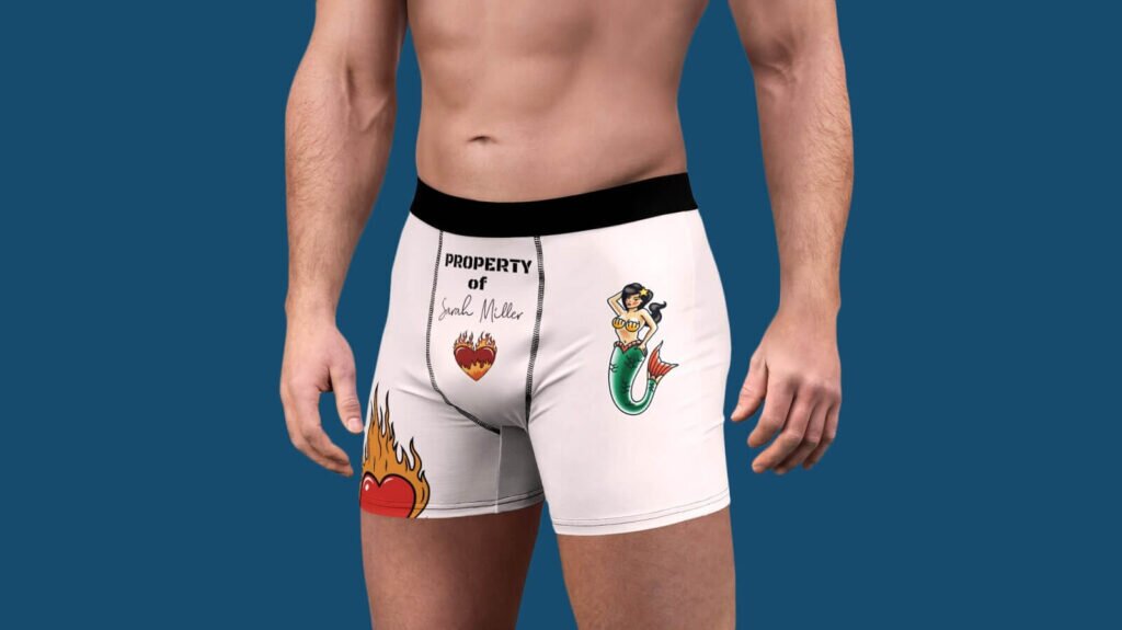 Custom boxer briefs with traditional tattoo illustrations and text.