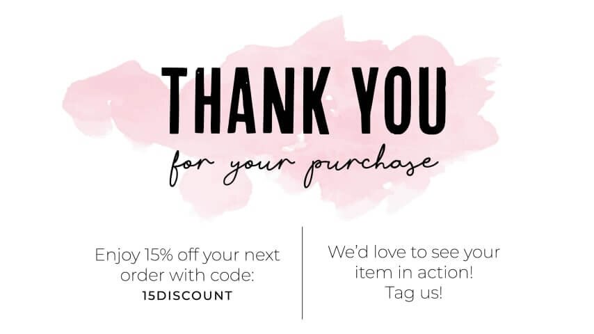 A packaging note providing a discount code and asking the customer to rate the product.