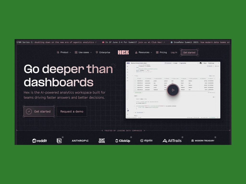 Hex’s homepage hero section screenshot mockup as an example of a top saas company.