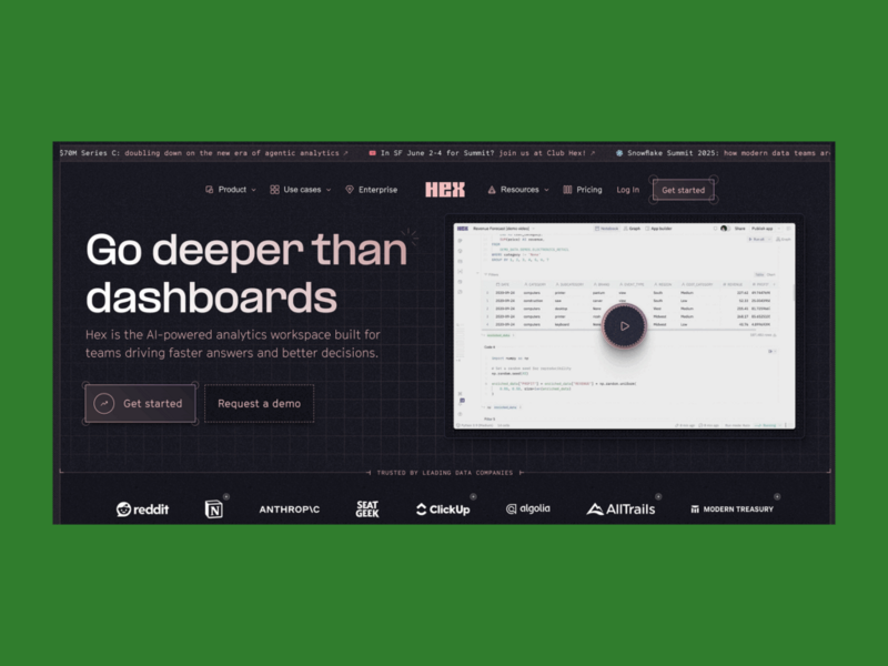 Hex’s homepage hero section screenshot mockup as an example of a top saas company.