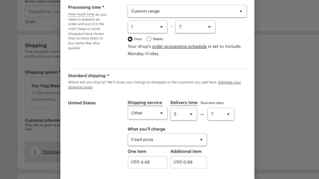 Shipping profile setup example for a listing on Etsy.
