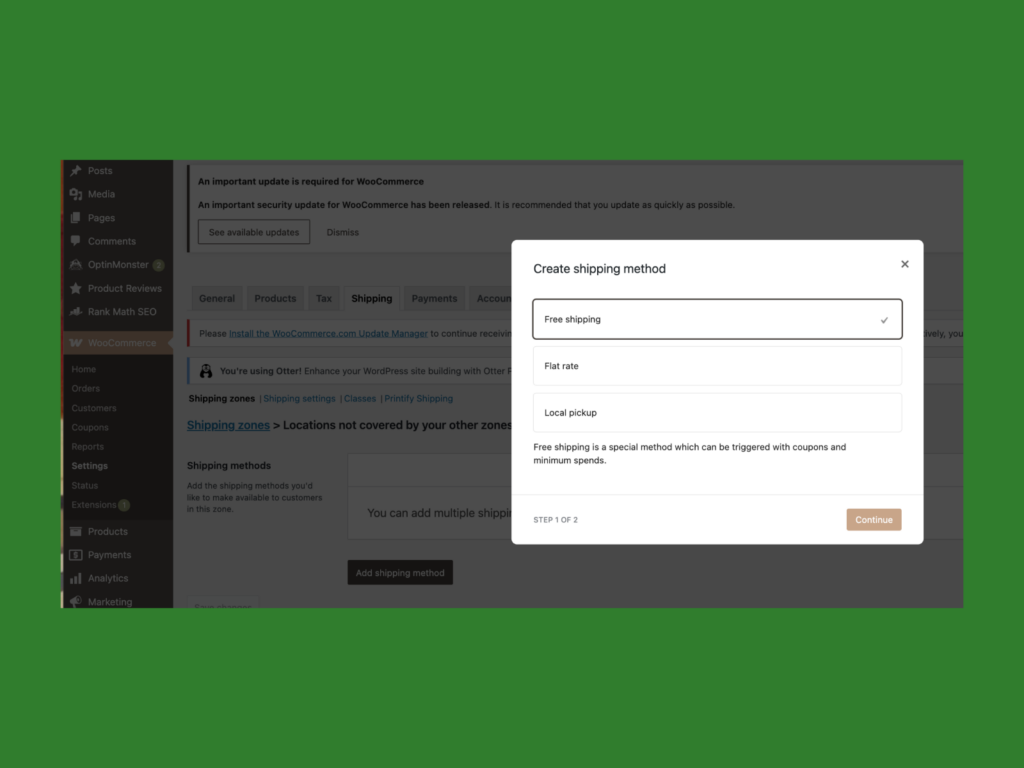 A screenshot showing shipping options.
