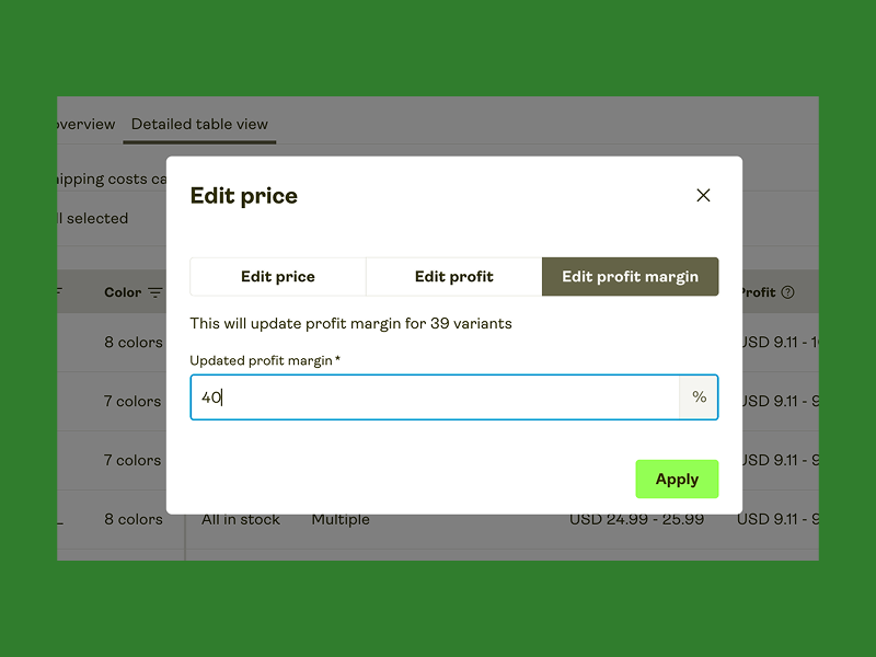 A pop-up window titled "Edit price" with tabs for editing price, profit, and profit margin.