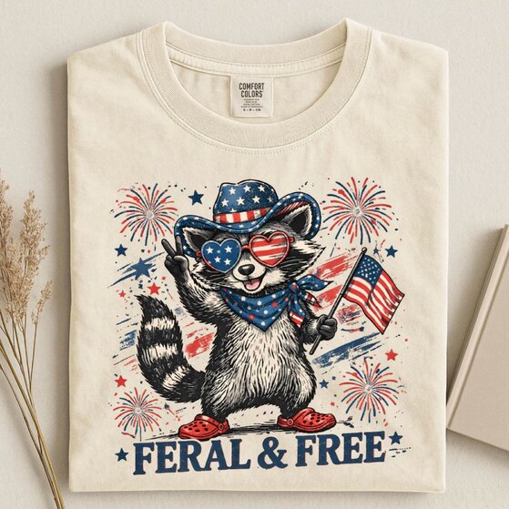 A woman posing in a beige 4th of July t-shirt that says 