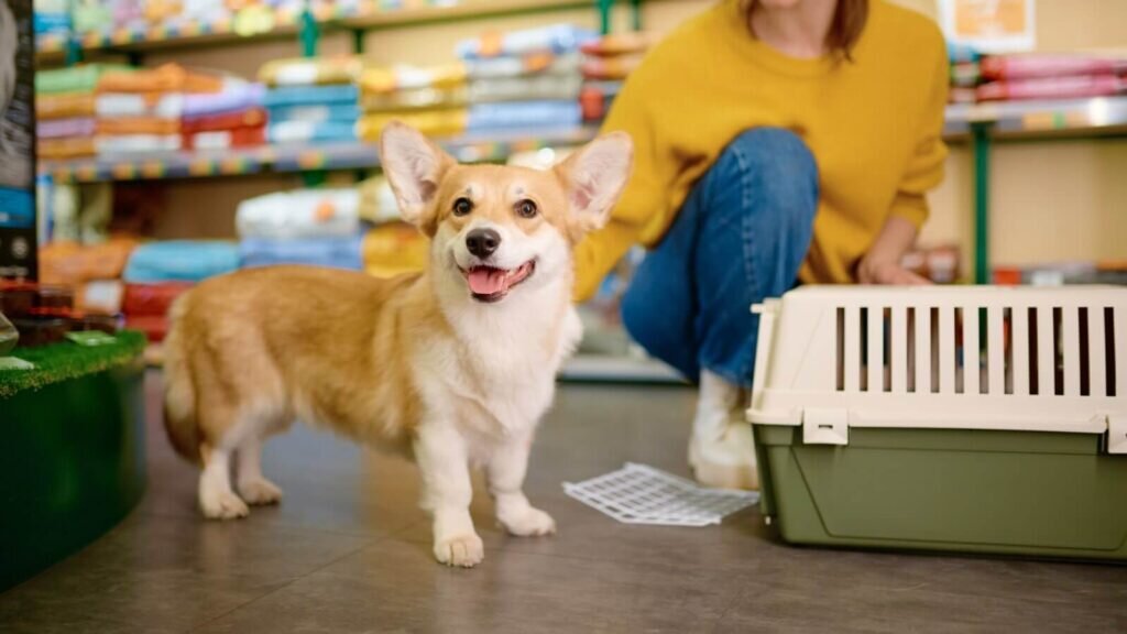 A corgi standing in a pet shop.
