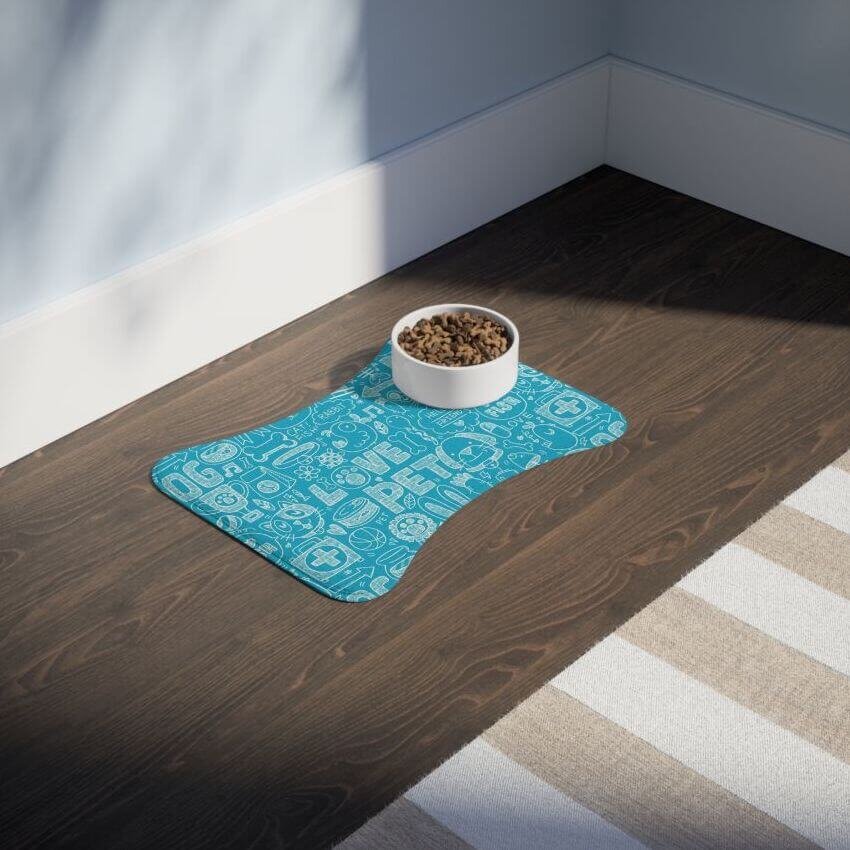 Pet feeding mat in blue all-over print with words 