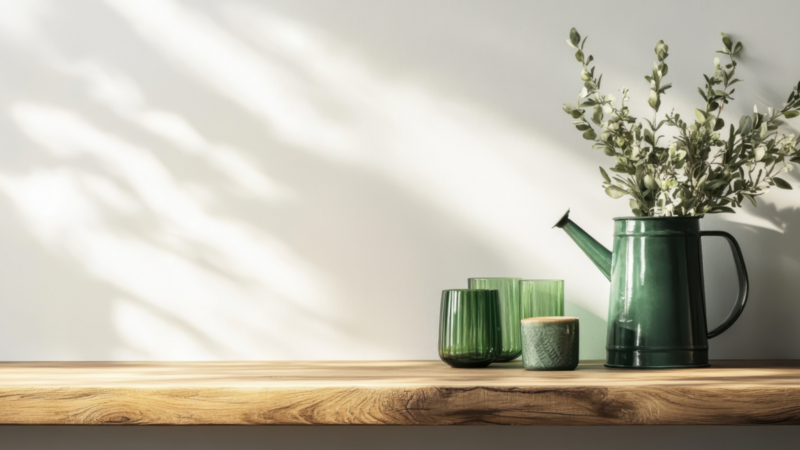 A wooden shelf displaying several green vases and a green jug, creating a harmonious and natural aesthetic.