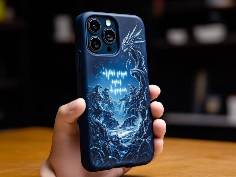 A phone with a fantasy patterned phone case.