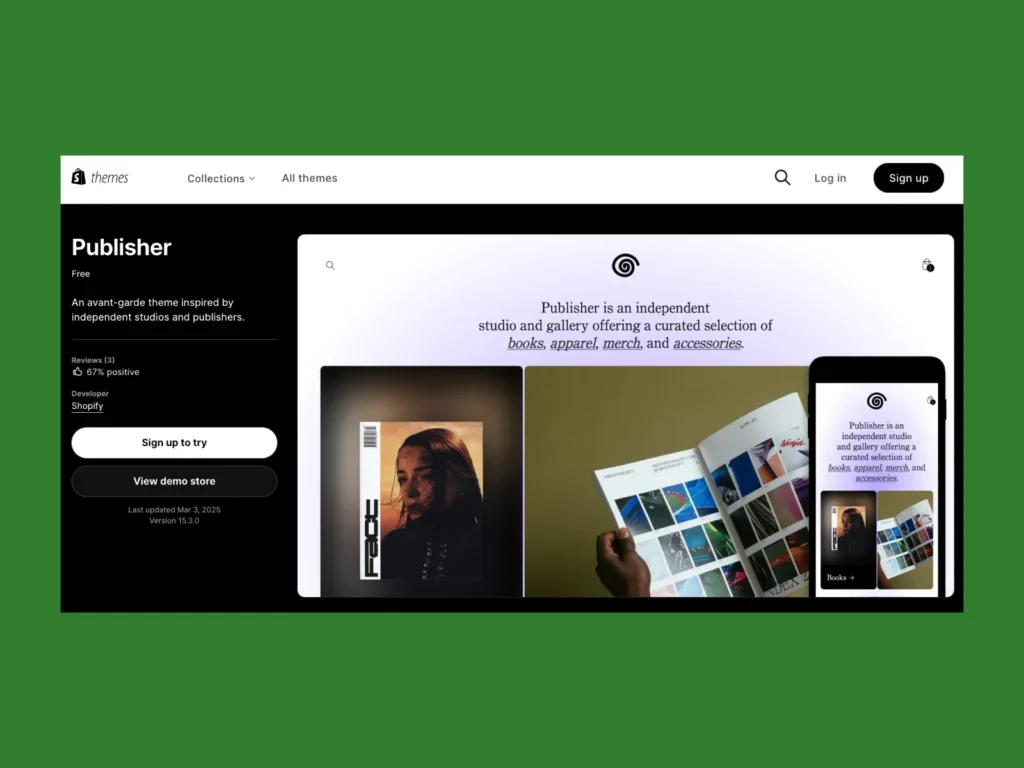 A screenshot of the Publisher theme landing page.