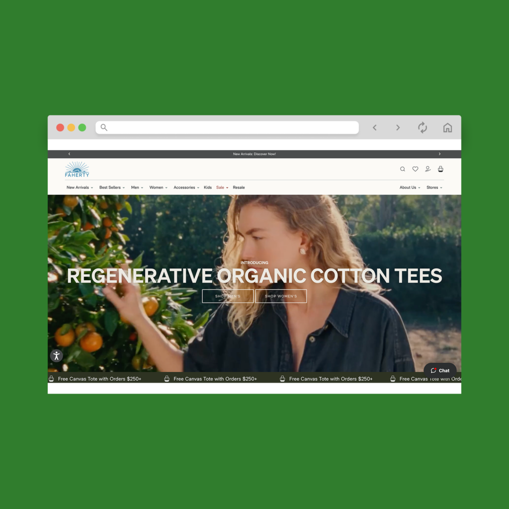 Faherty Brand homepage hero section screenshot mockup as a Shopify clothing store example.