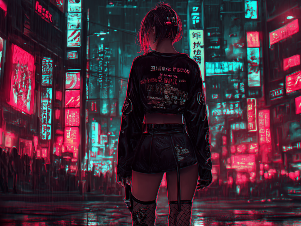 A woman dressed in black and red stands confidently in the center of a bustling city street.