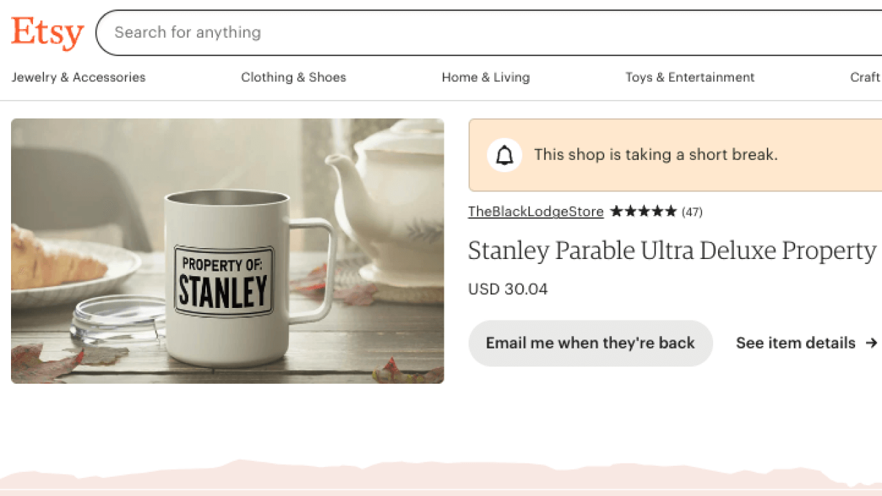 Example of a listing from an Etsy store that is on Vacation mode – it displays the text “This shop is taking a short break.”