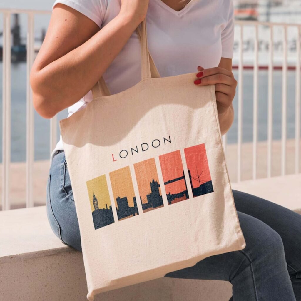 A tote bag with a London design.
