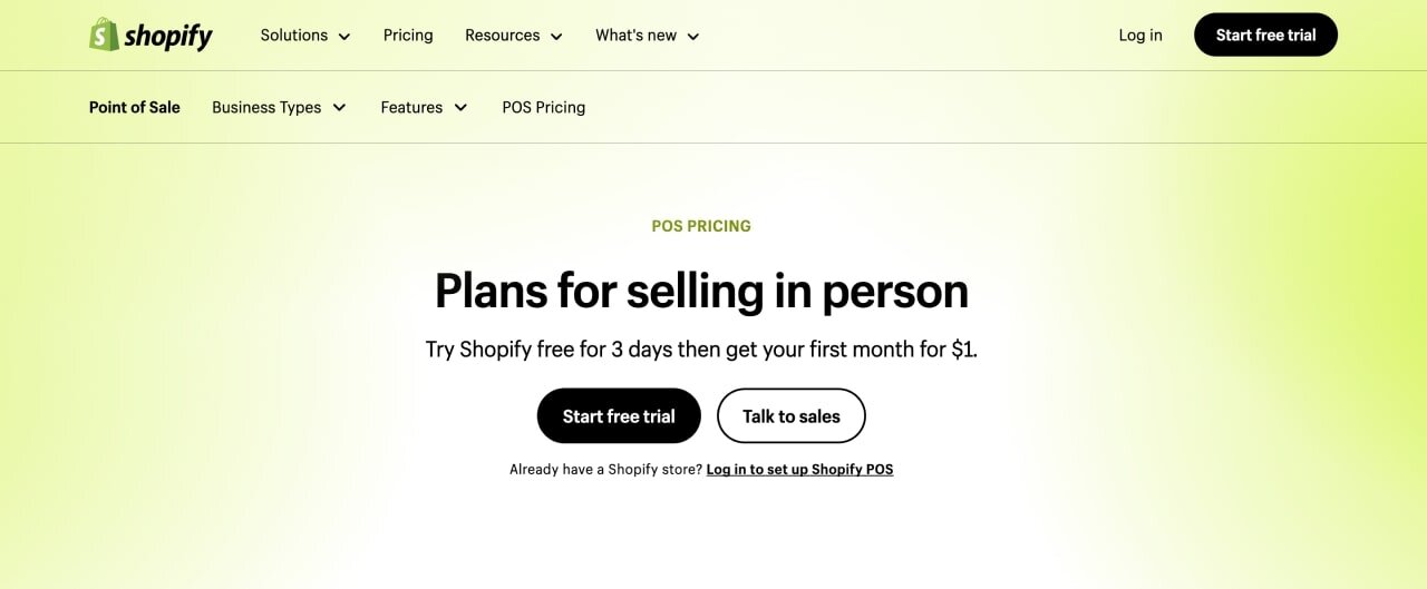 Hero section screenshot of the Shopify Retail plan landing page.
