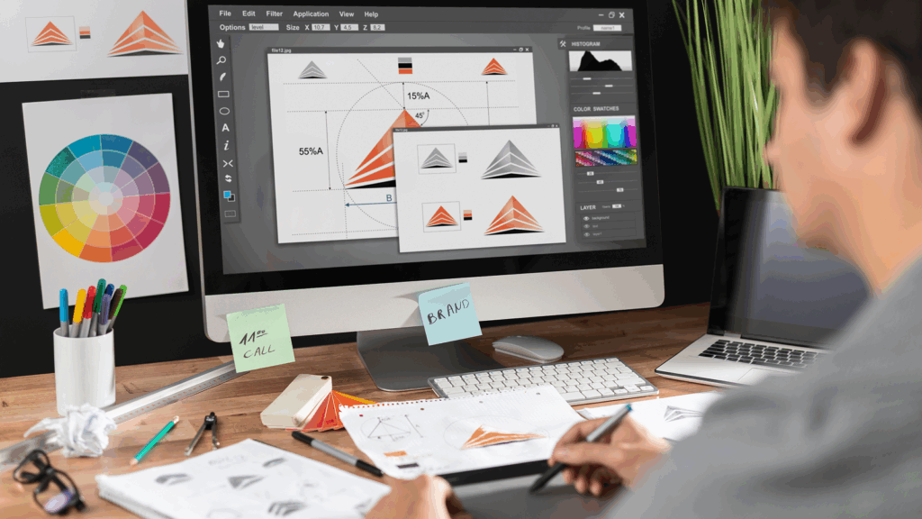 A graphic designer is developing visual elements of brand identity.