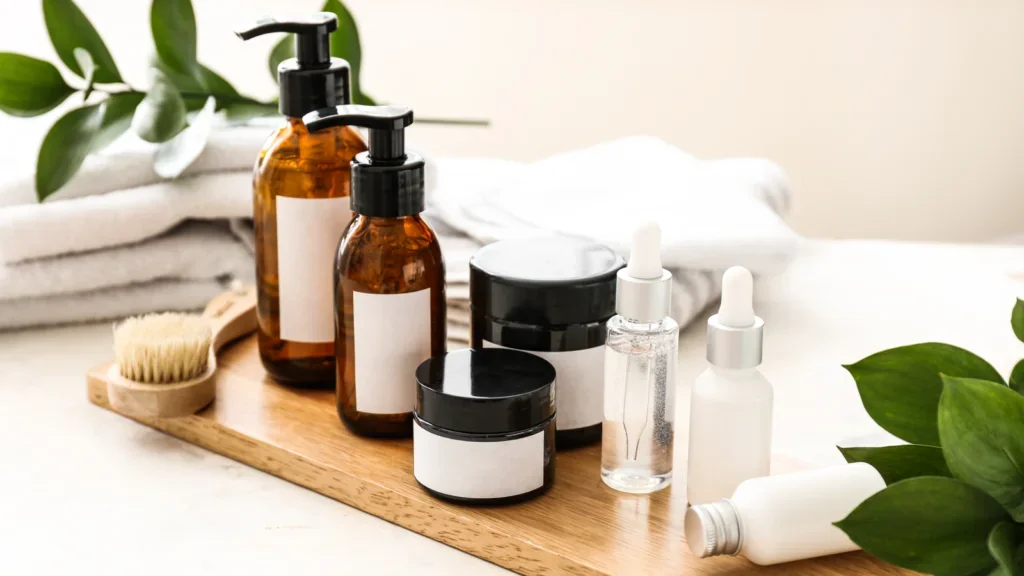 A wooden tray displaying an assortment of cosmetic products, including bottles, jars, and brushes, arranged neatly.