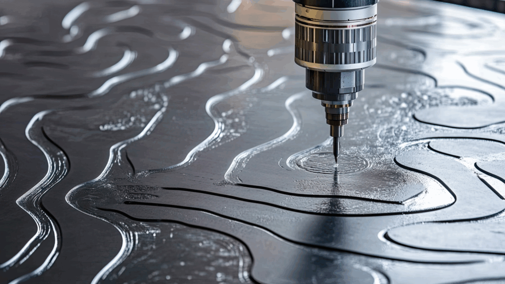 A close-up of a metal object being drilled, with a drill bit making contact and metal shavings visible.